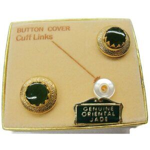 Button Cover Cufflinks Genuine Oriental Jade Tux Shirt Dress Suit Vintage IOB